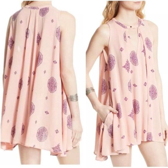 Free People‎ Peach Pink & Purple Tree Swing Tunic Dress Size Medium - Picture 1 of 8